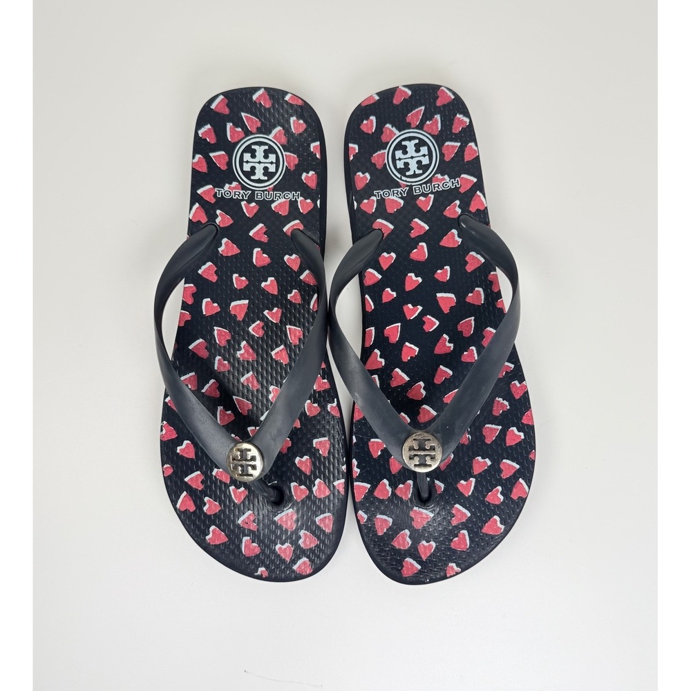 Tory Burch Heart Print Flip Flop Sandals Navy Pink Logo Womens Size 8
